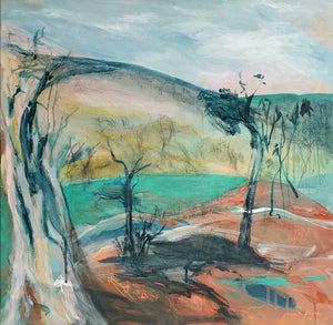 Spirit Tree at the Billabong Abstract landscape painting by Melbourne artist Jacinta Payne 