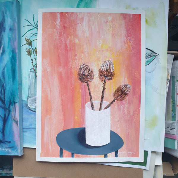 'Dried Banksias in Pottery Vase'