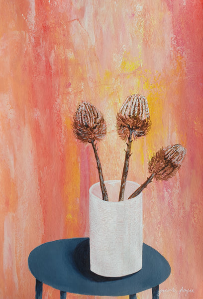'Dried Banksias in Pottery Vase'