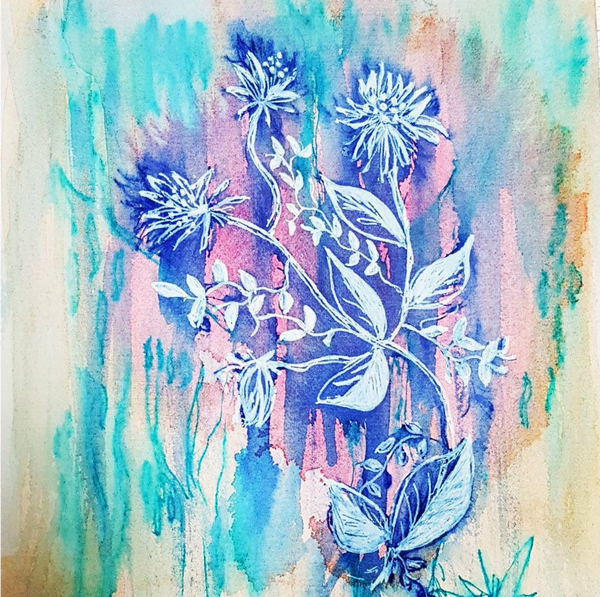 Blue Wash Floral Watercolor and ink illustration by Minnie&Lou, Melbourne Art Prints 