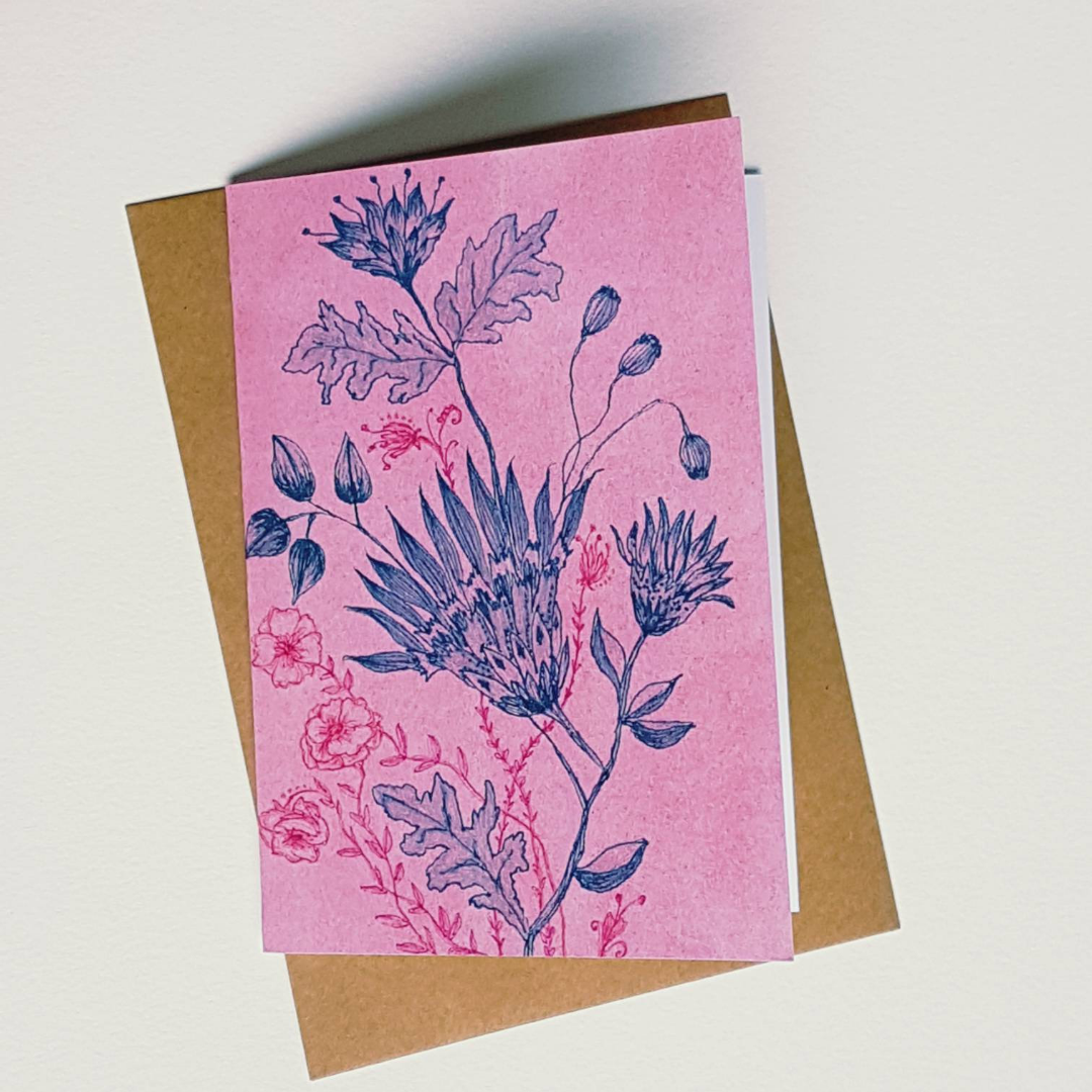 Vintage Blooms greeting card by Minnie&Lou. Pink watercolour with teal ink