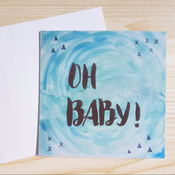 New baby boy card "Oh Baby" printed from the original Blue watercolour and brush lettering design by Jacinta Payne 