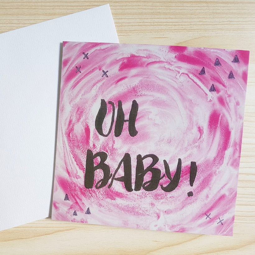 New baby girl card "Oh Baby" printed from the original Pink watercolour and brush lettering design by Jacinta Payne 