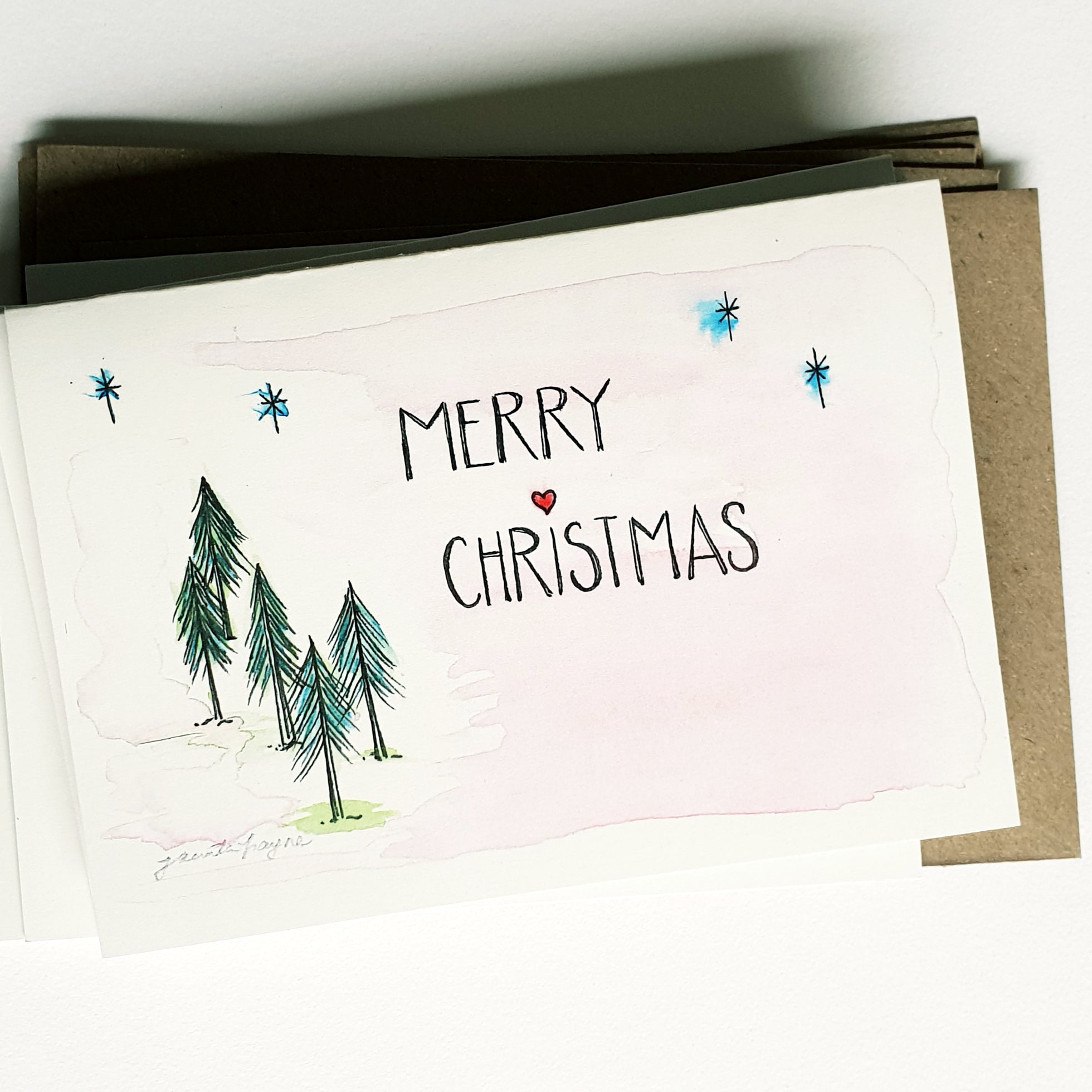 Christmas cards pack - Set of 5 "Merry Christmas" Fir Tree design cards in A6 size including envelopes