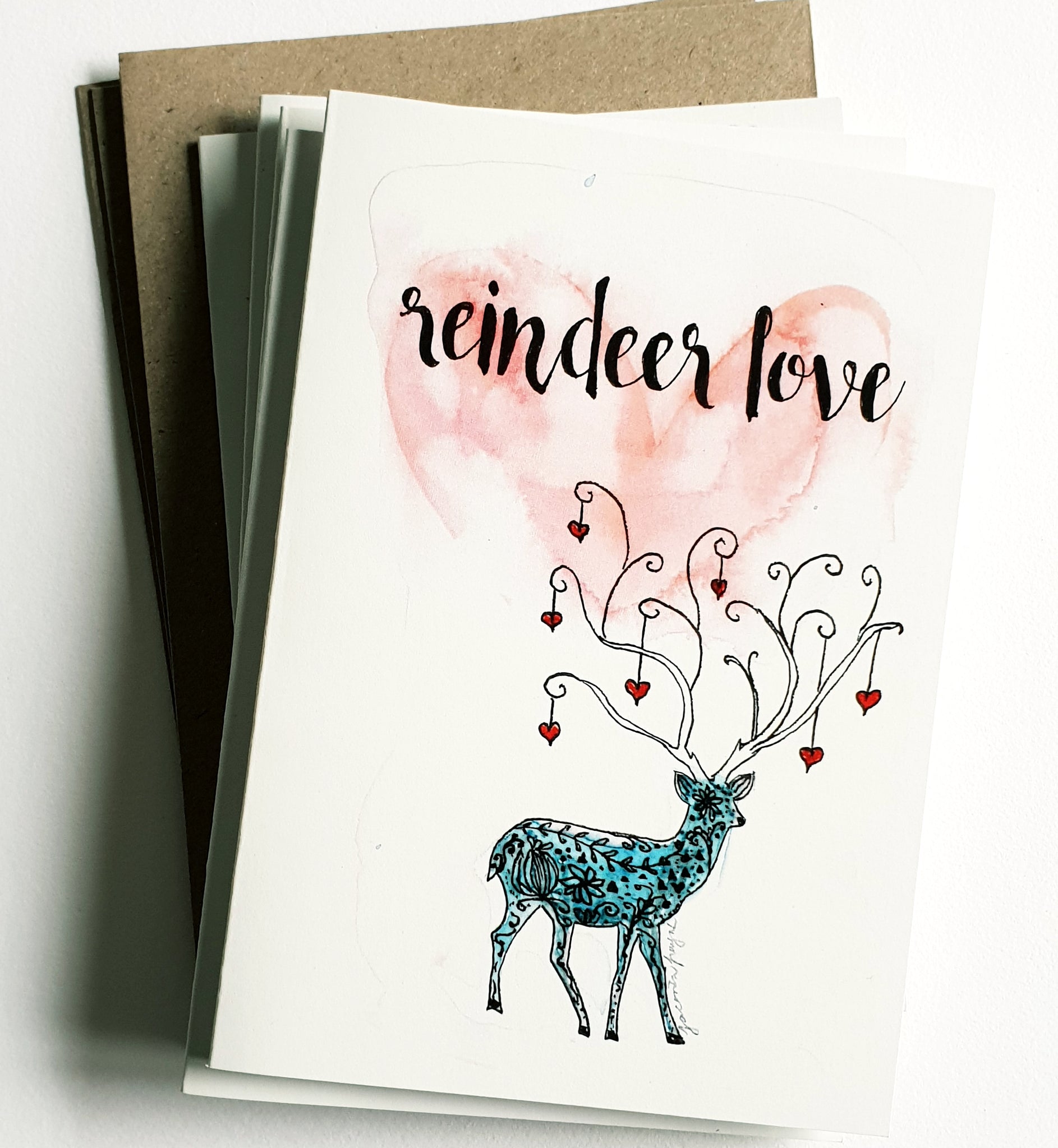 Christmas cards pack - Set of 5 "Reindeer Love" Christmas cards in A6 size including envelopes