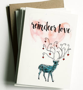 Christmas cards pack - Set of 5 "Reindeer Love" Christmas cards in A6 size including envelopes