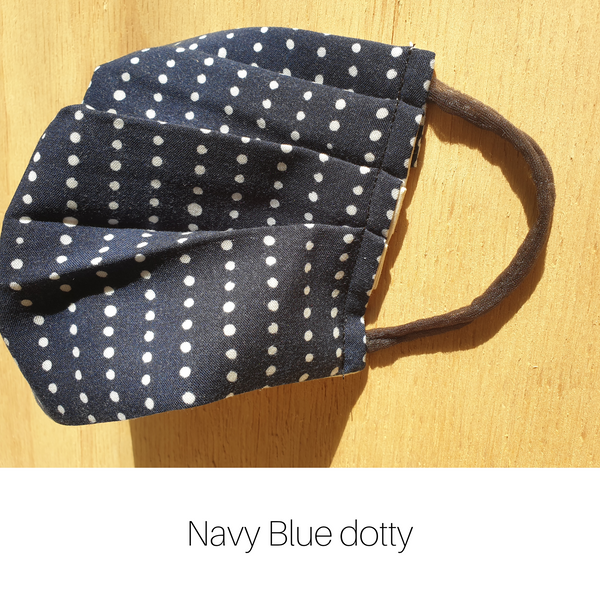 Navy blue dotty facemask, handmade from upcycled fabric, made in melbourne by minnie&lou