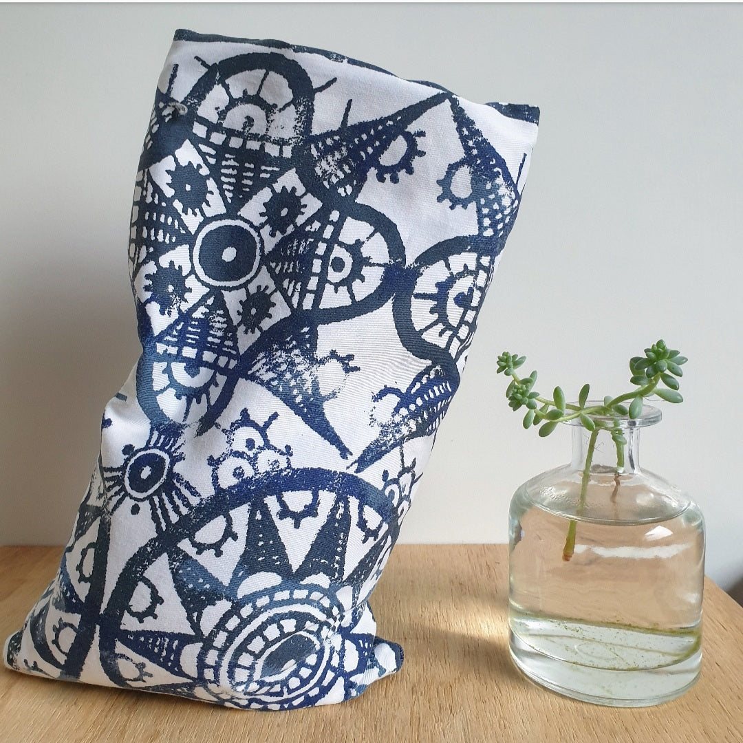 Eco friendly wheat bag made with upcycled 'Jane Lamerton Indigo' fabric