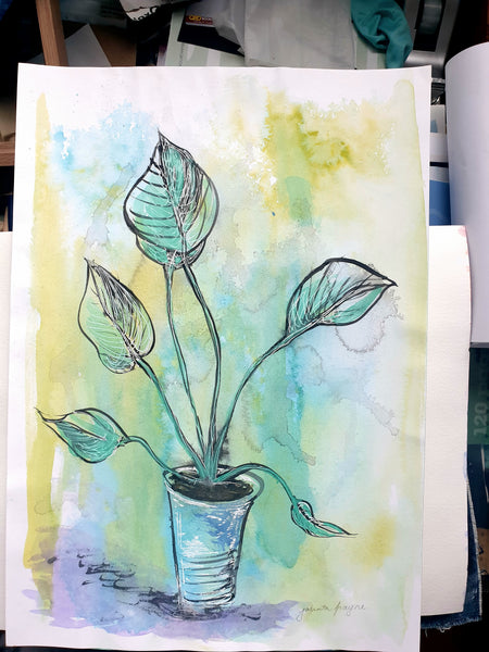 'Studio Plants' Original watercolour and ink painting on A3 watercolour paper