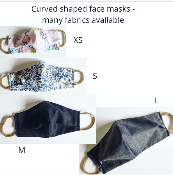 Eco friendly triple layer reusable cloth face masks, curved chape. Handmade in Melbourne Australia from upcycled fabrics