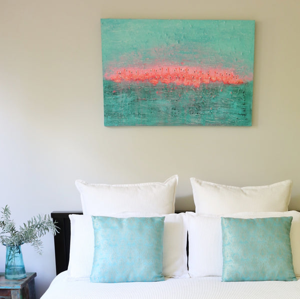 Bedroom Styling, Flamingos original mixed media art work on canvas by Jacinta Payne, Melbourne Australia
