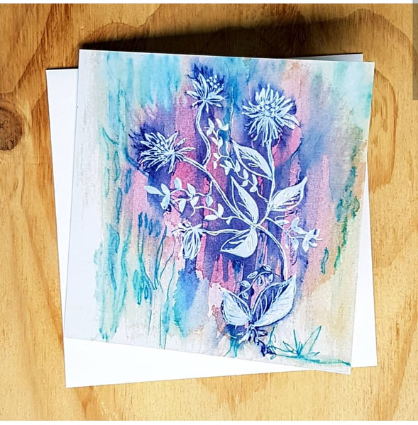 Blue Wash Floral Greeting card by Jacinta Payne, Melbourne Australia 