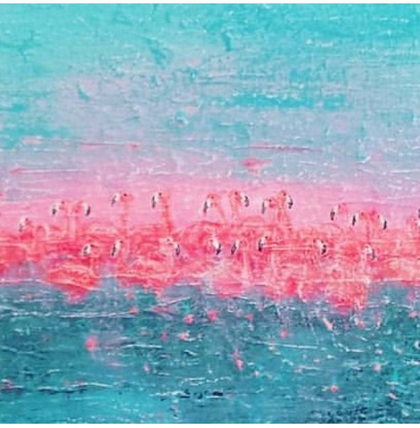 Flamingos highly textured abstract painting on canvas in neon pink and bright aqua