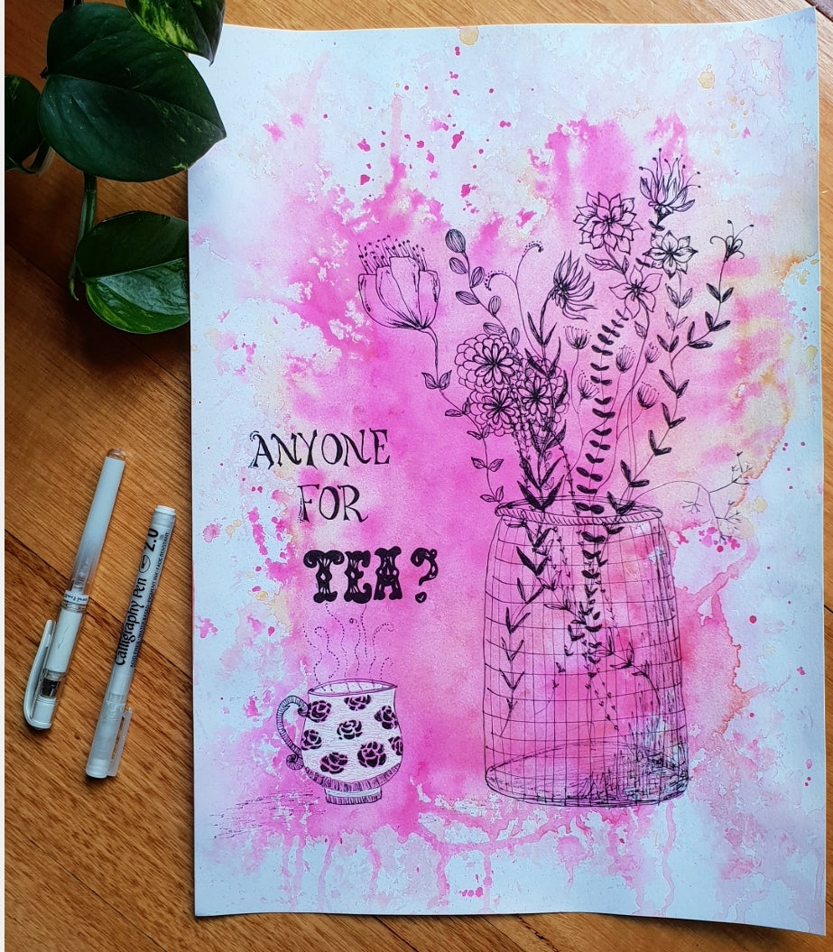 'Tea and Flowers' Original art work on A3 watercolour paper