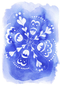 Blue and white art print, patterned plates. Minnie&Lou 