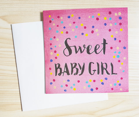 "Sweet Baby Girl" new baby card, part of the Minnie&Lou card collection