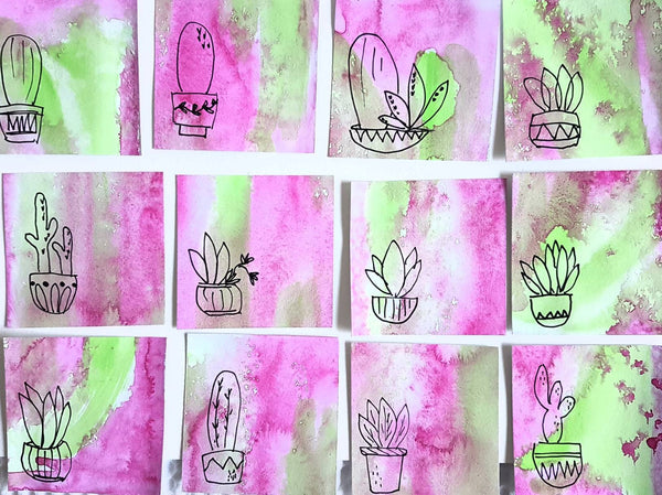 Hand crafted in Melbourne by Jacinta Payne, cute cactus illustration gift tags with watercolour background