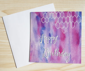 Minnie&Lou card collection, purple watercolour Happy Birthday card. Made in Melbourne Australia and printed on 100% recycled card stock.