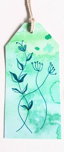 Hand made gift tags, hand painted and hand drawn botanic designs, green toned.