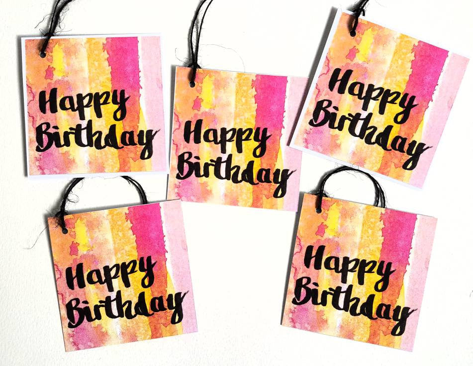 Happy Birthday gift tags with modern brush lettering, watercolour design by Minnie&Lou