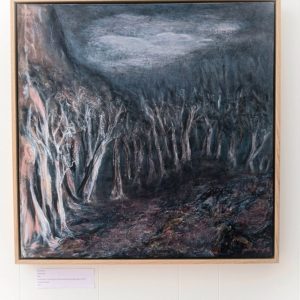 A semi-abstract painting of a stand of white trees at the base of a cliff, glowing in the moonlight and disappearing into a dark background.