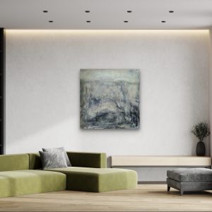 a monochrome abstract painting, heavily textured atmospheric abstract landscape hanging on the wall above a modern chartreuse velvet couch.